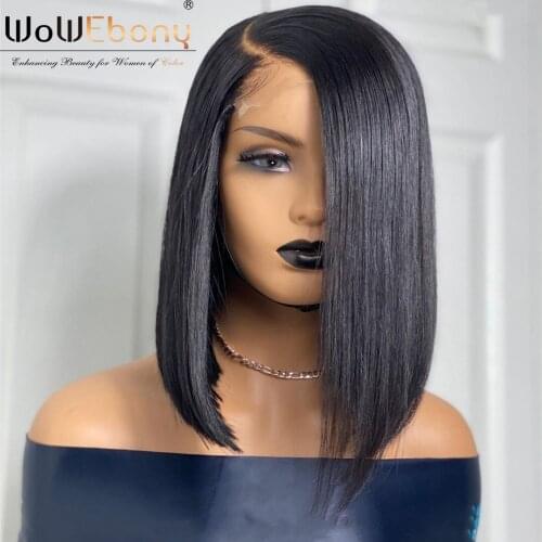 WoWEbony Straight Bob Lace Front Wig Brazilian Silky Straight Remy 13X1 T Part Lace Frontal Wig Pre Plucked Shory Wigs 180