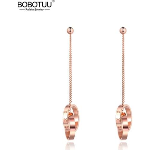 BOBOTUU Stainless Steel Roman Numerals Double Circles Tassel Earrings Jewelry Rose Gold Dangle Earrings For Women Girls BE19090