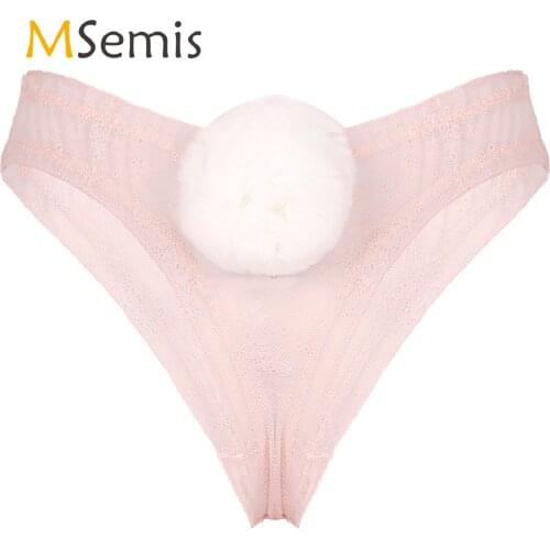 Womens Erotic Lingerie Underwear with Fluffy Ball Sexy Thong G-String Panties See-through Lace Underpants Cute Low Rise Briefs