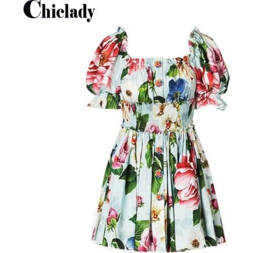 Chiclady flower print runway designer ruffles high waist slash neck flower buttons party beach mini dress women new arrival chic