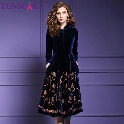 TESSCARA Women Autumn & Winter Elegant Sequin Velvet Dress Festa Female High Quality Designer Party Vestidos Vintage Robe Femme