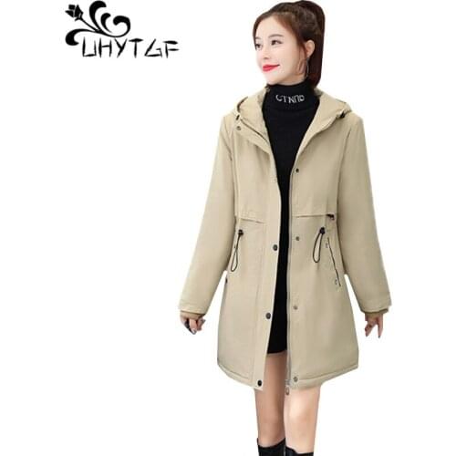 UHYTGF trench coat for women Hooded Plus velvet warm autumn winter coats outerwear Mid-length casual 3XL plus size top women 608