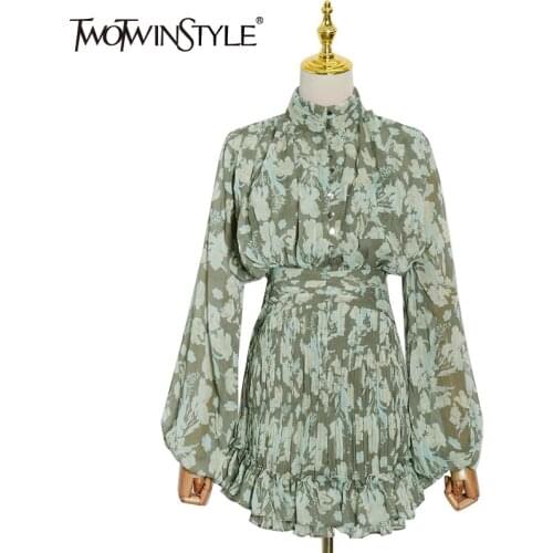 TWOTWINSTYLE Floral Print Dress Women Clothing Colorblock High Waist Stand Collar Lantern Sleeve Mini Dresses Female 2021 Autumn