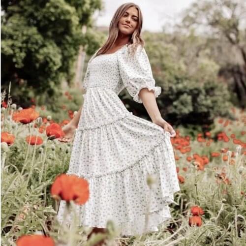 Prairie Chic Floral Print Dress Women Summer Elegant Shirring Slim Robe Femme Square Collar Lantern Sleeve Ruffles Beach Dresses