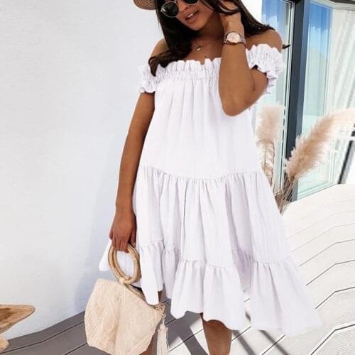 2021 Summer Slash Neck Ruffle Party Dress Women Casual Elegant Loose Mini Dress Ladies Solid Color Short Pleated Dresses Vestido