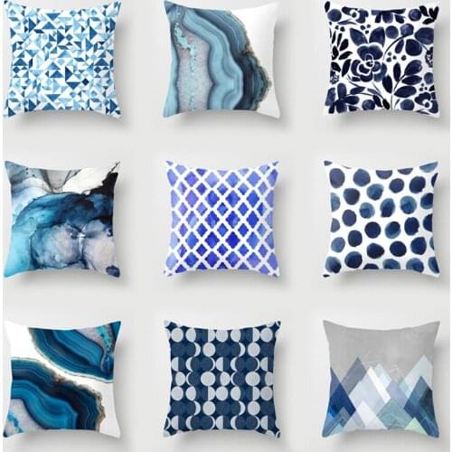 45*45CM Cushion Cover Blue Abstract Printed Polyester Throw Pillow Case Geometric Art Pillowcase Square Home Decor