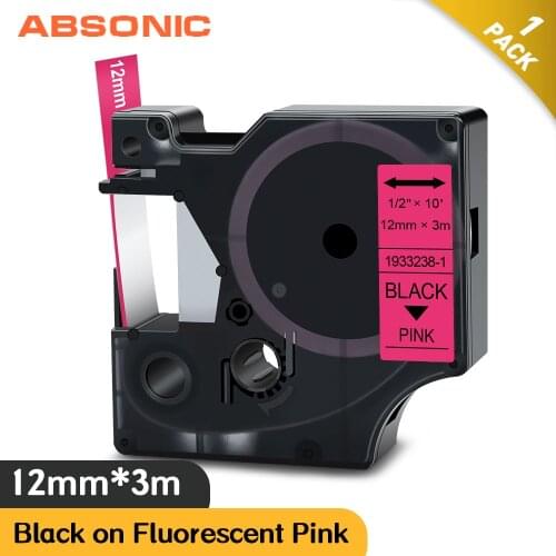 Absonic Black on Fluorescent Pink Label Tape 12mm*3m Replace Dymo D1 1933238-1 for LabelManager 160 210D 360D 420P PnP Printer