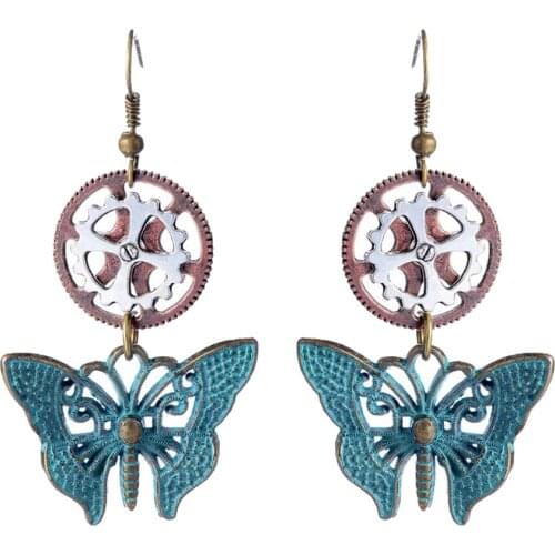 Antique Steampunk Gear Earrings Butterfly Drop Bohemian Women Jewellery