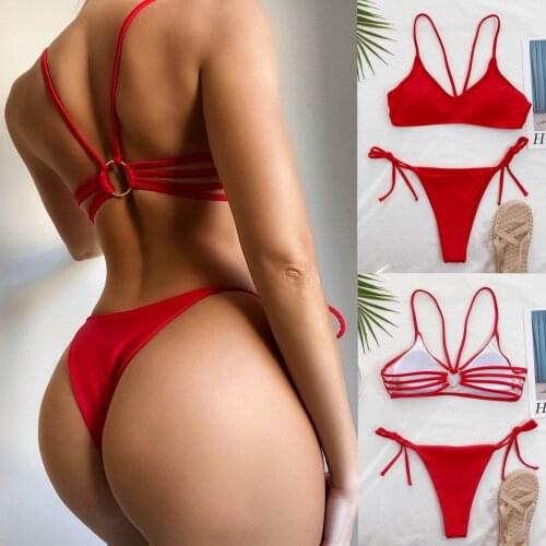 Bandage Hollow Out Red Bikini Womens Swimwear Sexy Swimsuit High Waist Bathing Suit Push-up Pad Bra Bikinis Set Swim Beachwear