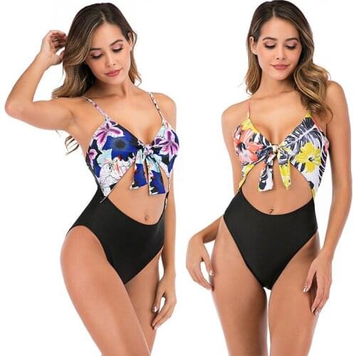 Brazilian One Piece Swimsuit String Monokini 2021 Sexy Bow-knot Bikini Patchwork Swimwear Hollow Out Bodysuits Swimming Suit