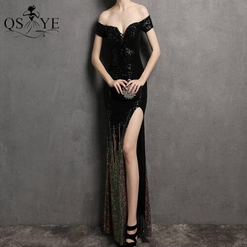 Black Sequin Evening Dresses Sexy Split Prom Gown Off Shoulder Side Sleeves Party Dress Beadings Crisscross Women Formal Gown