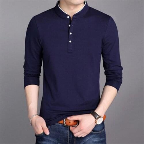 Summer T-Shirt Men Cotton T Shirt Full Sleeve tshirt Men Solid Color T-shirts tops&tees Mandarin Collar Long Shirt