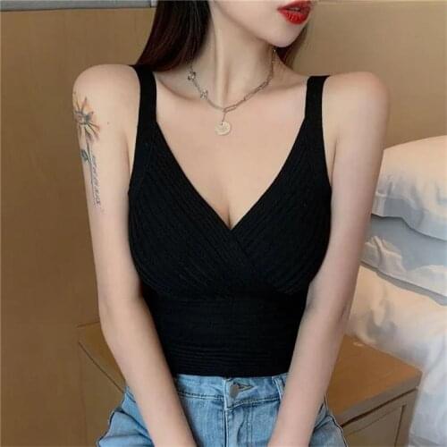 Women Sexy Knitted Crop Top Summer Sleeveless Cropped Vest Slim Sling Tank Top V-Neck Plain Camisole High Elastic Female Vest