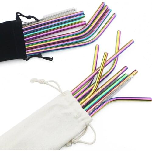Metal Drinking Straw 304 Stainless Steel Colorful Straws Reusable Bent Straight Straw Set With Cleaner Brush Bar Party Accessory