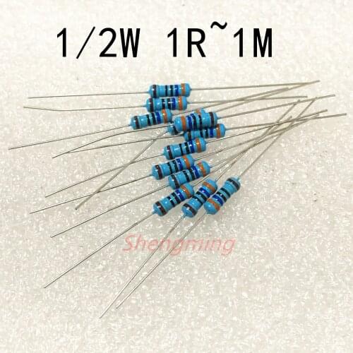 50pcs 1/2W 0.5W Metal film resistor 1% 1R ~ 1M 2.2R 4.7R 10R 22R 47R 100R 220R 470R 1K 10K 100K 2.2 4.7 22 47 100 220 470 ohm