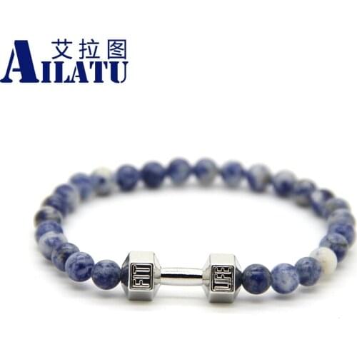 Ailatu Fashion Sports Mens Powerful Jewelry Natural Blue Stone Beads with Alloy Fitness Dumbbell Bracelet Hombre Bracciali