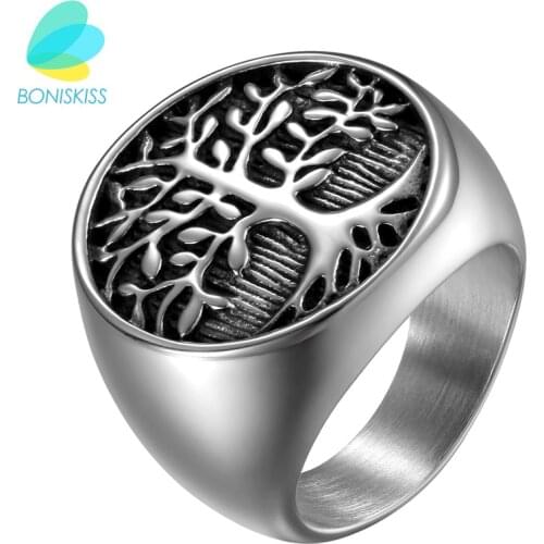 Boniskiss Punk Men Silver Color Tree Of Life Ring Casting Stainless Steel Life Tree Rings For Men Ring Jewelry Bague Homme
