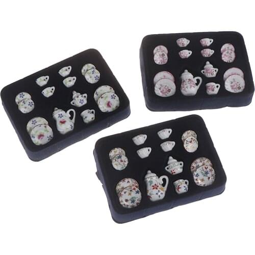 1:12 Miniature 15pcs Porcelain Tea Cup Set Flower Tableware Kitchen Dollhouse (8 Patterns for your choice)