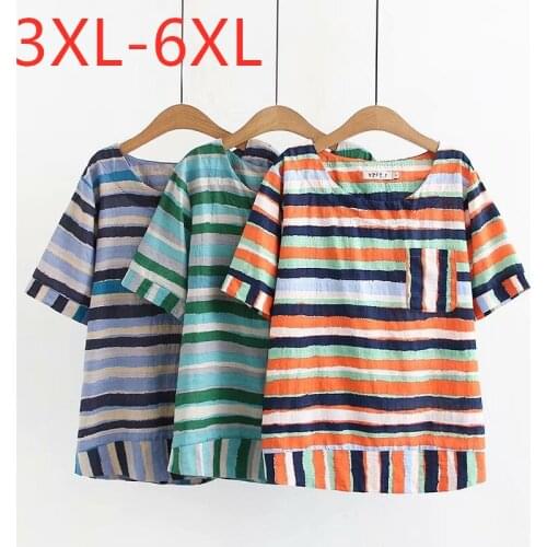 New 2021 summer plus size tops for women large loose short sleeve cotton color stripe pocket O neck T-shirt 3XL 4XL 5XL 6XL