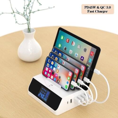 PD 45W QC 3.0 quick charge smart charger 6 multi port fast charging hub with phone stand holder for Xiaomi iphone 8 7 X adapter