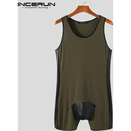 Men Pajamas Rompers Patchwork Homewear O Neck Sleeveless Fitness Sexy Jumpsuit Cozy Fashion Men Bodysuit Nightwear S-5XL INCERUN