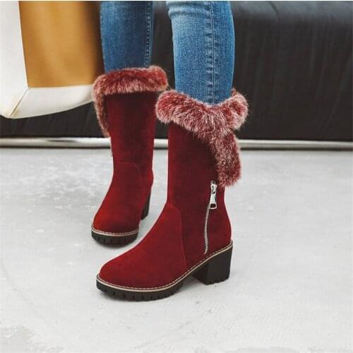 PXELENA Faux Fur Women Winter Mid Calf Boots Flock Block Chunky Square High Heels Shoes Ladies Black Brown Plus Size 34-43 Zip