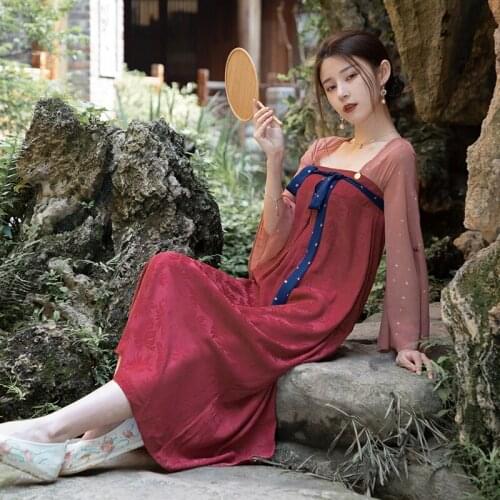 Vintage Hanfu Improved Dress 2021 Summer Chinese Style Girl Jacquard Chiffon Square Neck Elegant Fashion Ladies New Vestidos
