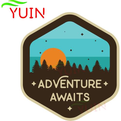 Adventure Awaits Sunset Camping Travel Car Sticker Motorcycle Accessories PVC Window Bumper Decoration Waterproof Decal 14*13cm