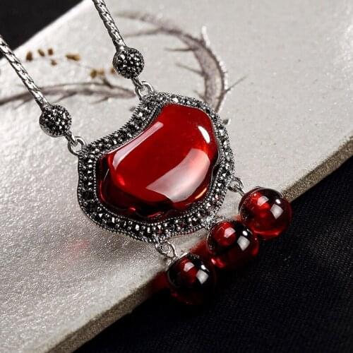 Hot Sale S925 Pure Silver Restoring Ancient Ways Ms Mark Sunriser Sets Pomegranate Red Ruyi Pendant Long Chain Wholesale