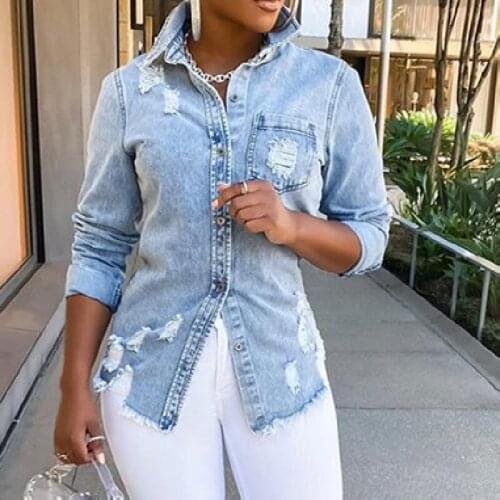 Women Casual Wild Denim Jackets Long Sleeve Lapel Single-breasted Washed Irregular Hem Ripped Hole Fitting Coat with Pockets