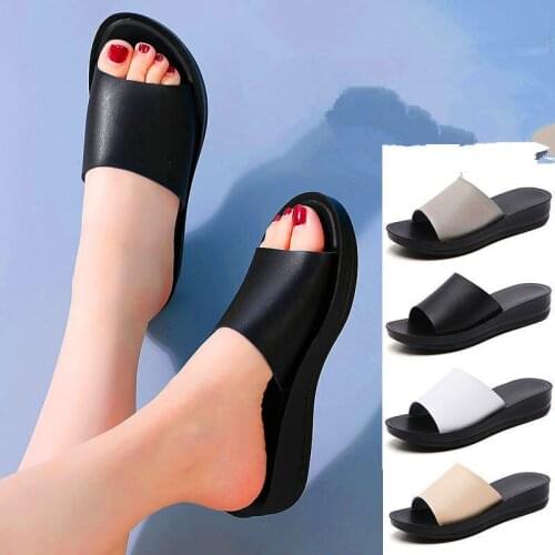 Summer Home Slippers Simple Solid Plarform Shoes Non-slip Indoor Bathroom Soft Sole Women Genuine Leather Slides Flip Flops