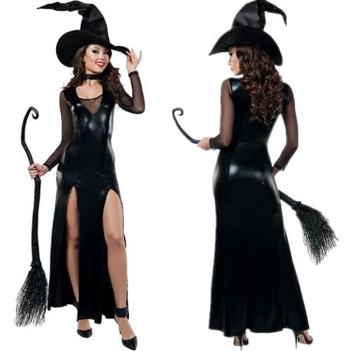 Womens Gothic Vampire Witch Costume Black High Cut Sexy Patent Leather Mesh Halloween Themed Fancy Dress Outfits Costume