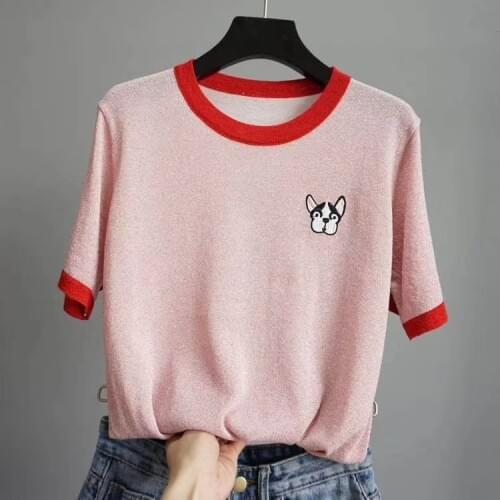 Female Knitted Pullovers Tops O-Neck Dog Printed Short Sleeve Women Thin Summer Shirt Pullover Sweater Fashion Femme Pull Jumper