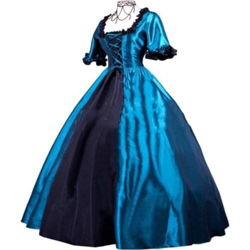 Womens Blue Short Sleeve Medieval Civil War Victorian Dress Renaissance Gothic Southern Belle Ball Gowns Party Costume