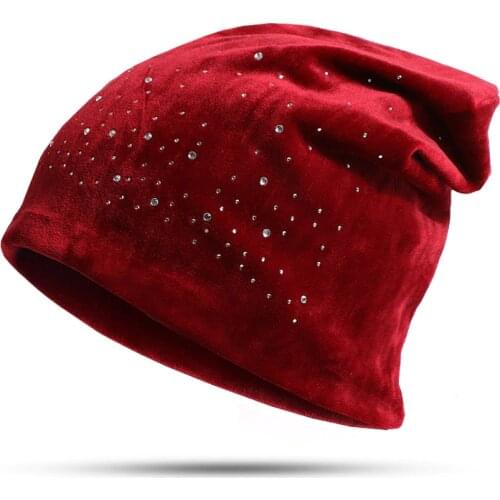 Winter Velour Slouchy Beanie Hat for Women Cashion Rhinestones Diamond Skullies&Beanies Female Soft Warm Hats Casual Girls Caps