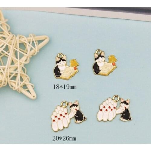 10pcs Alloy Drop Oil Cartoon Animal Pussy Enamel Charms Bowling Cat Reading Cats Pendants Floating DIY Earring Jewelry Accessory
