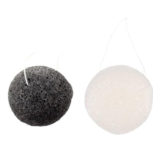 2Pcs Konjac Konnyaku Jelly Fiber Face Makeup Wash Pad Cleaning Sponge Puff Exfoliator - White & Black