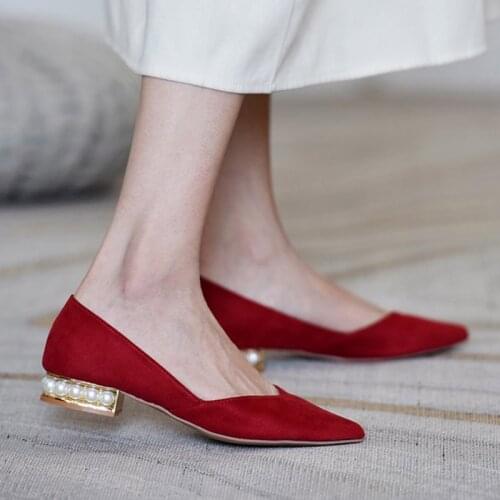 2020 Fashion Women Flats Flock Slip on Shoes Pearl Heel Boat Shoes Pointed Toe Ladies Shoe Red Spring Autumn zapatos mujer 8732N