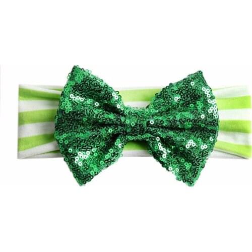 6pcs/lot , St Patricks Day Green sequin glitter bow cotton Headband Hair Bows For Girls Headwear Festival Hair Accessori