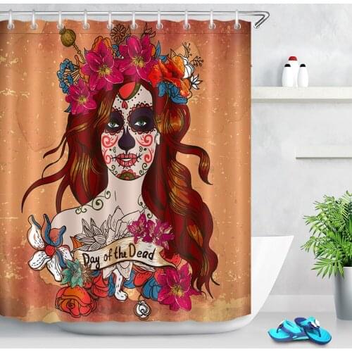 72'' Girl Face With Sugar Skull Day Of The Dead Bathroom Waterproof Fabric Shower Curtain Polyester 12 Hooks Bath Accessory Sets