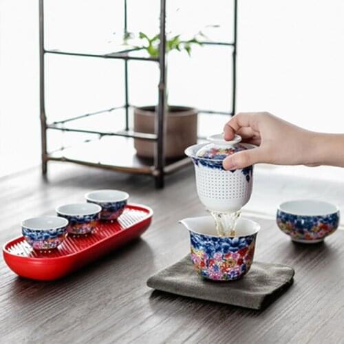 China Style Portable Travel Tea Set Blue and White Porcelain Teapot with 3 Teacups 1 Wash-Bowl