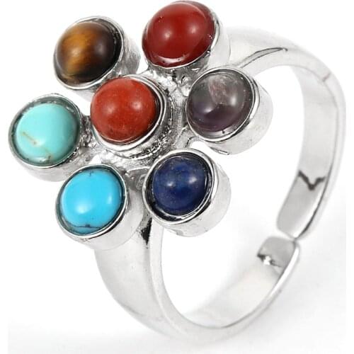 Women Men Natural Stone 7 Chakras Tiger Eye Turquoises Gem Stone Rings Onyx Amethysts Resizable Healing Reiki Joint Ring Jewelry