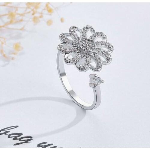 Korean Version of S925 Silver Ladies Open Ring Female Rotating Smart Zircon Ring Diamond Gift Ring Rings for Women