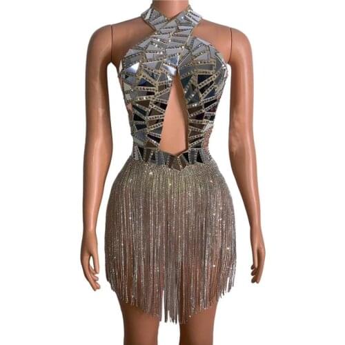 Fashion Evening Party Wear Prom Sequins Dresses for Women Singer Birthday Celebrate Costomes Shining Silver Mirrors Crystals Cha