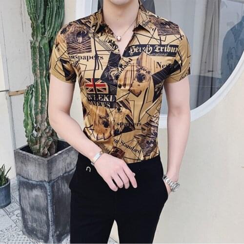 Mens Dress Shirts Luxury Gold Black Shirt 2021 Summer Short Sleeve Prom Party Shirt Stylish Gold Slim Shirts For Men