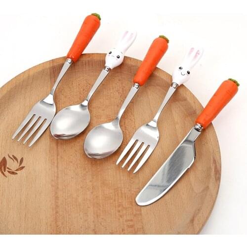 Soup Scoop Knife Fork Childrens Cutlery Ceramic Stainless Steel Cartoon Rabbit Dinnerware Set Carrot Handle Kid Lovely Fork Set
