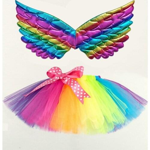 New Tutu Skirt Baby Girl Clothes Colorful Mini Pettiskirt Girls Party Dance Rainbow Wing Tulle Skirts 2PCS Children Clothing