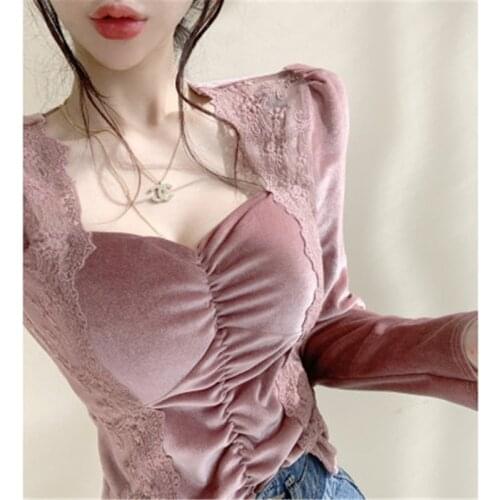 2020 New Arrivals Women Winter Velvet T-shirt Koren Retro Square Collar Patchwork Lace Long-sleeved Pullovers Tops