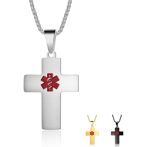 Medical Alert Necklaces Personalized Stainless Steel Emergency Jewelry Cross Necklaces for Women 3 Colors Engraving Tag Pendant