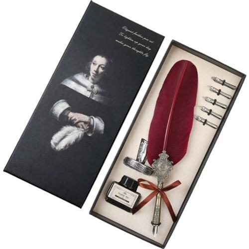 Retro Classical Feather Quill Dip English Calligraphy Fountain Pen with Writing Ink 5 Nibs Kit Set Stationery Gift Box G88D